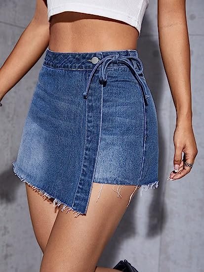 Women's Button Wrap Side Asymmetrical Denim Shorts High Waisted Jean Skort