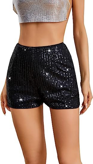 Women's Sequins High Elastic Waist Straight Leg Shorts Solid