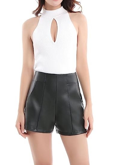 Womens High Waisted Faux Leather Shorts with Pockets Wide Leg Shorts