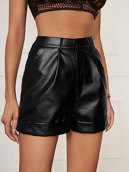Women's High Waisted PU Leather Shorts Roll Hem Shorts with Pockets