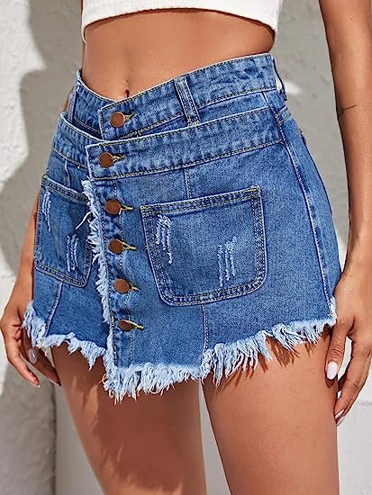 Women's Distressed Frayed High Waist Raw Hem Denim Skirt Shorts
