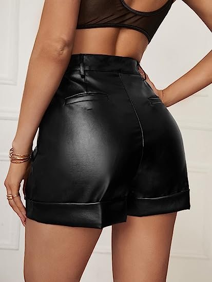 Women's High Waisted PU Leather Shorts Roll Hem Shorts with Pockets