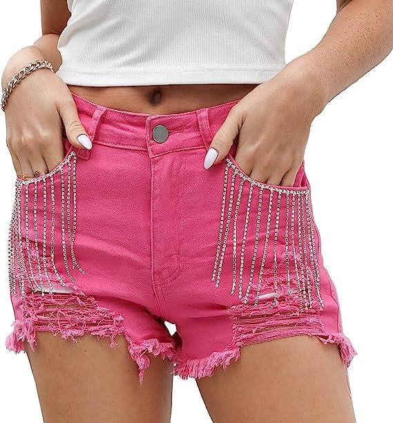 Women's Denim Shorts Mid Waist Frayed Hem Ripped Rhinestone Tassel Denim Shorts
