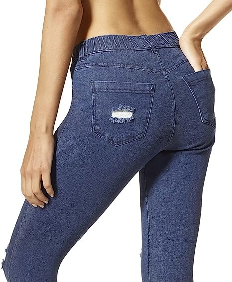 Women's torn knee high denim leggings