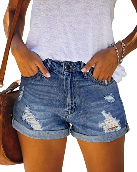 Women's Ripped Denim Shorts Mid Rise Distressed Jean Shorts