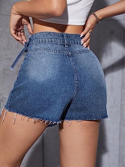 Women's Button Wrap Side Asymmetrical Denim Shorts High Waisted Jean Skort