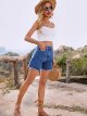 Women's high waisted denim shorts, straight tube raw edge denim shorts