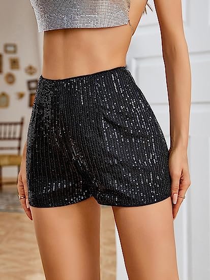 Women's Sequins High Elastic Waist Straight Leg Shorts Solid