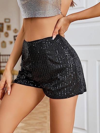 Women's Sequins High Elastic Waist Straight Leg Shorts Solid