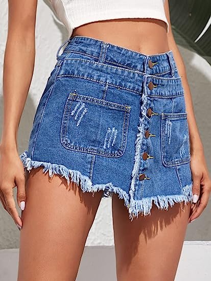 Women's Distressed Frayed High Waist Raw Hem Denim Skirt Shorts