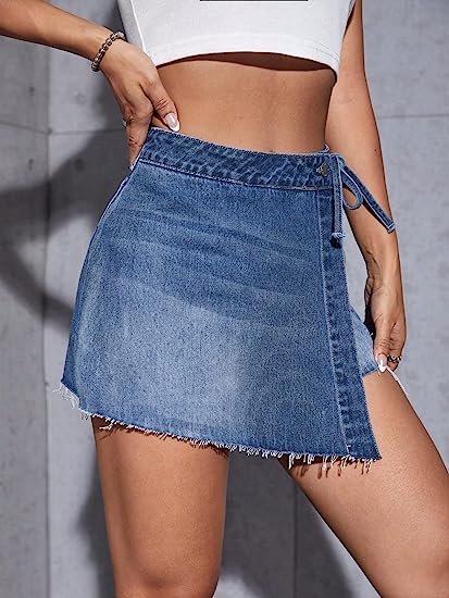 Women's Button Wrap Side Asymmetrical Denim Shorts High Waisted Jean Skort