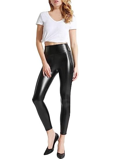 Women's Stretchy Faux Leather Leggings Pants, Sexy Red High Waisted Tights